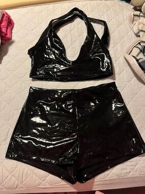 Shiny Black Vinyl Crop Top & High-Waist Shorts Set